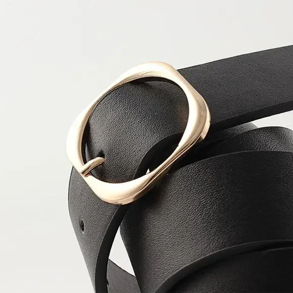 Belt Classic Faux Leather Black Square Metal Buckle Gold Tone Metal Buckle - Picture 6 of 6